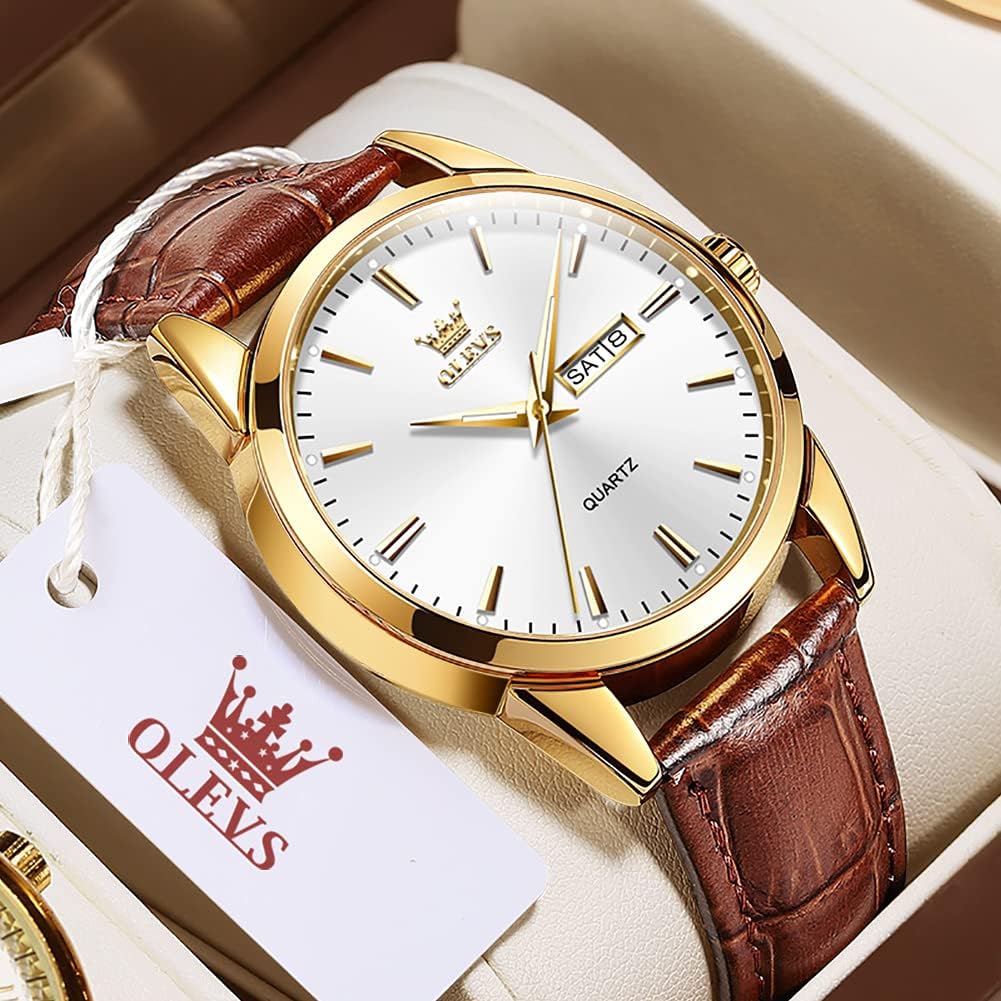 OLEVS Watches for Men Brown Leather Gold Case Analog Quartz Fashion Business Dress Watch Day Date Luminous Waterproof Casual Male Wrist Watches - Image 3