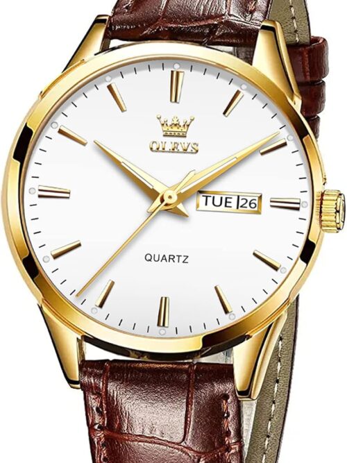 OLEVS Watches for Men Brown Leather Gold Case Analog Quartz Fashion Business Dress Watch Day Date Luminous Waterproof Casual Male Wrist Watches