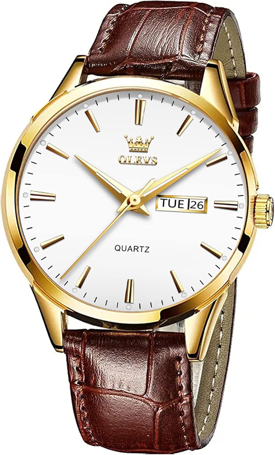 OLEVS Watches for Men Brown Leather Gold Case Analog Quartz Fashion Business Dress Watch Day Date Luminous Waterproof Casual Male Wrist Watches