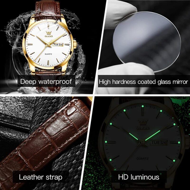 OLEVS Watches for Men Brown Leather Gold Case Analog Quartz Fashion Business Dress Watch Day Date Luminous Waterproof Casual Male Wrist Watches - Image 5