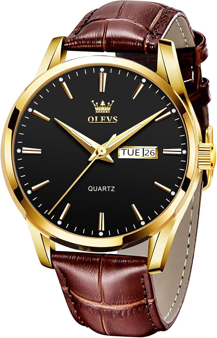 OLEVS Watches for Men Brown Leather Gold Case Analog Quartz Fashion Business Dress Watch Day Date Luminous Waterproof Casual Male Wrist Watches - Image 14