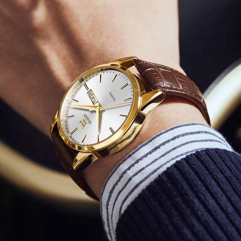 OLEVS Watches for Men Brown Leather Gold Case Analog Quartz Fashion Business Dress Watch Day Date Luminous Waterproof Casual Male Wrist Watches - Image 4