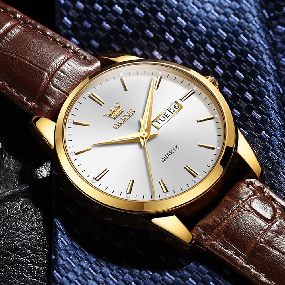 OLEVS Watches for Men Brown Leather Gold Case Analog Quartz Fashion Business Dress Watch Day Date Luminous Waterproof Casual Male Wrist Watches - Image 6