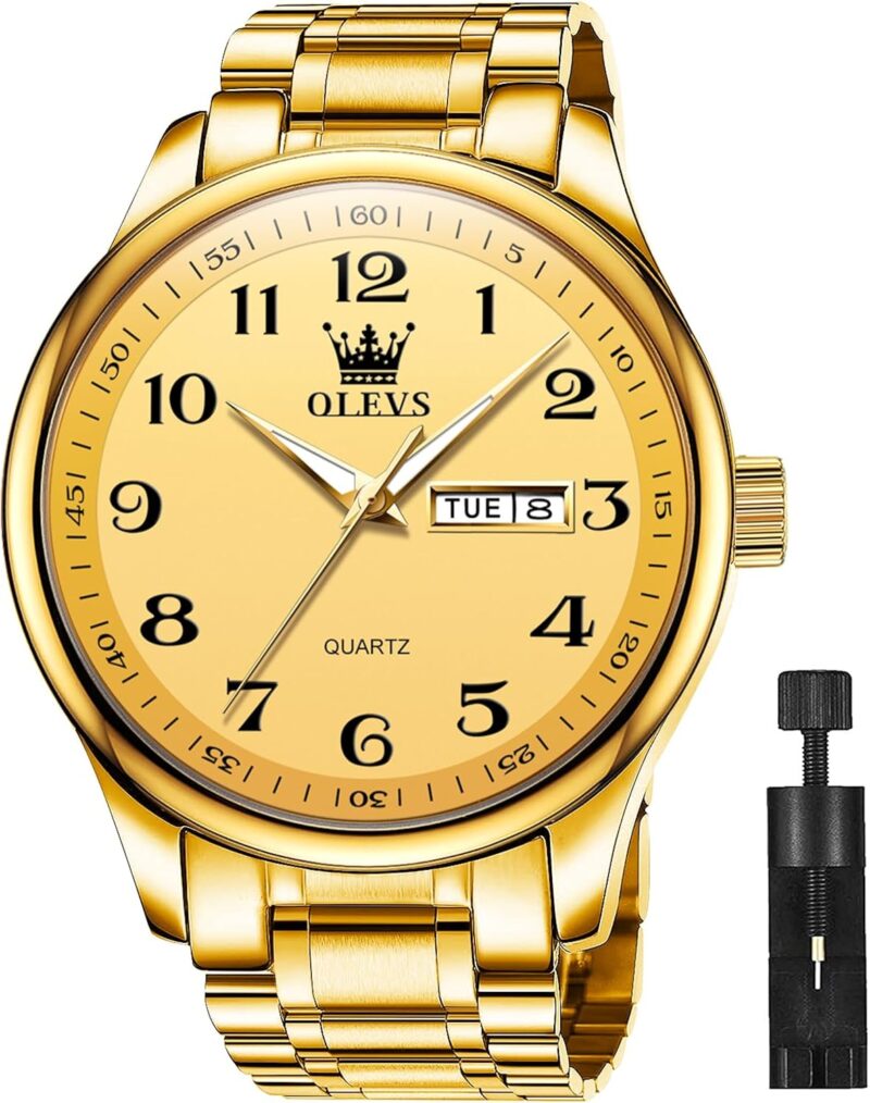 OLEVS Watches for Men Brown Leather Gold Case Analog Quartz Fashion Business Dress Watch Day Date Luminous Waterproof Casual Male Wrist Watches - Image 12