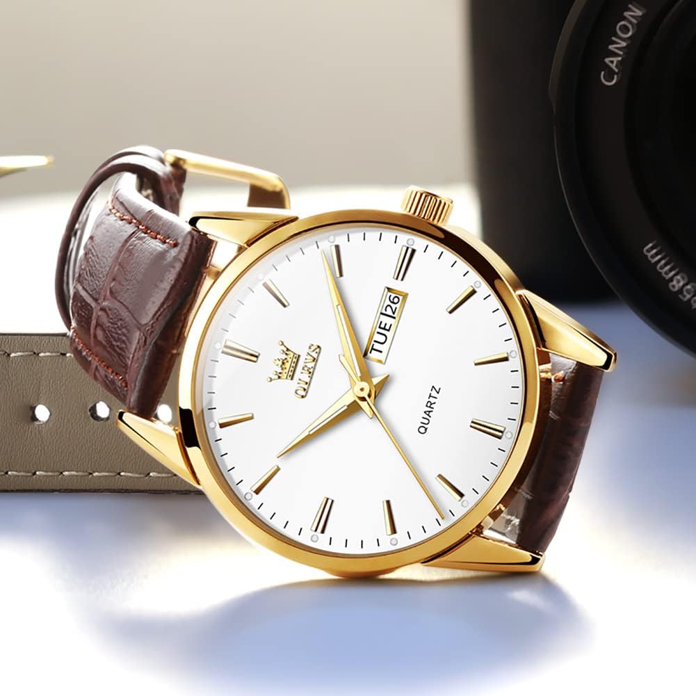 OLEVS Watches for Men Brown Leather Gold Case Analog Quartz Fashion Business Dress Watch Day Date Luminous Waterproof Casual Male Wrist Watches - Image 9