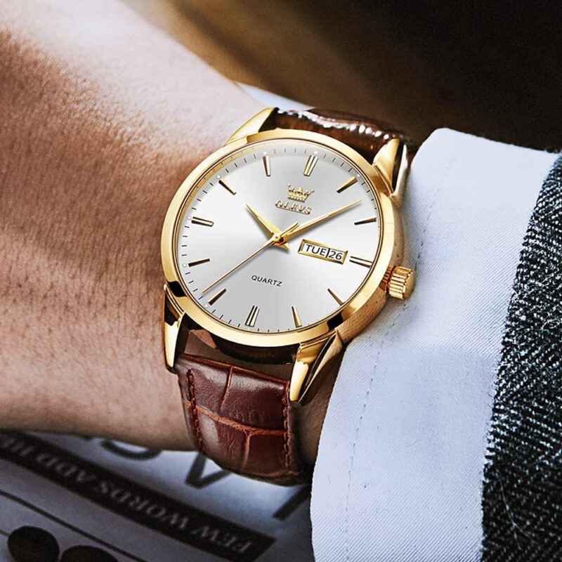 OLEVS Watches for Men Brown Leather Gold Case Analog Quartz Fashion Business Dress Watch Day Date Luminous Waterproof Casual Male Wrist Watches - Image 2