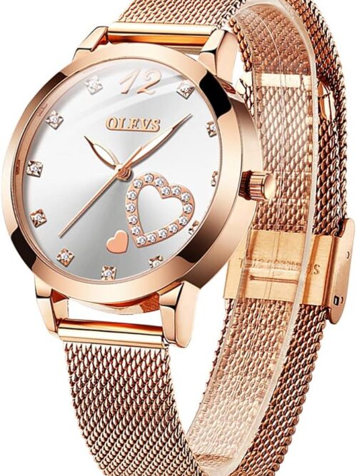 OLEVS Women's Rose Gold Watches, Small Wrist Lovely Bee Diamond Heart Roman Numerals Dial Ladies Watch, Fashion Mesh Bracelet Watches for Women, Japanese Quartz Movement