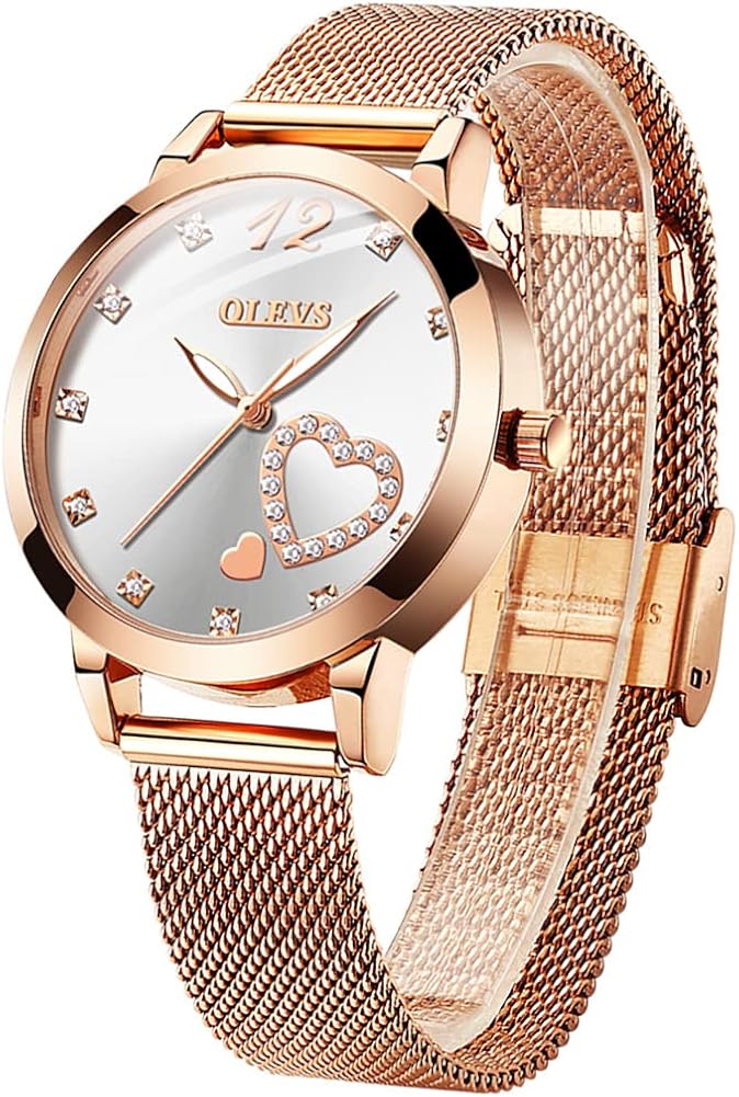 OLEVS Women's Rose Gold Watches, Small Wrist Lovely Bee Diamond Heart Roman Numerals Dial Ladies Watch, Fashion Mesh Bracelet Watches for Women, Japanese Quartz Movement