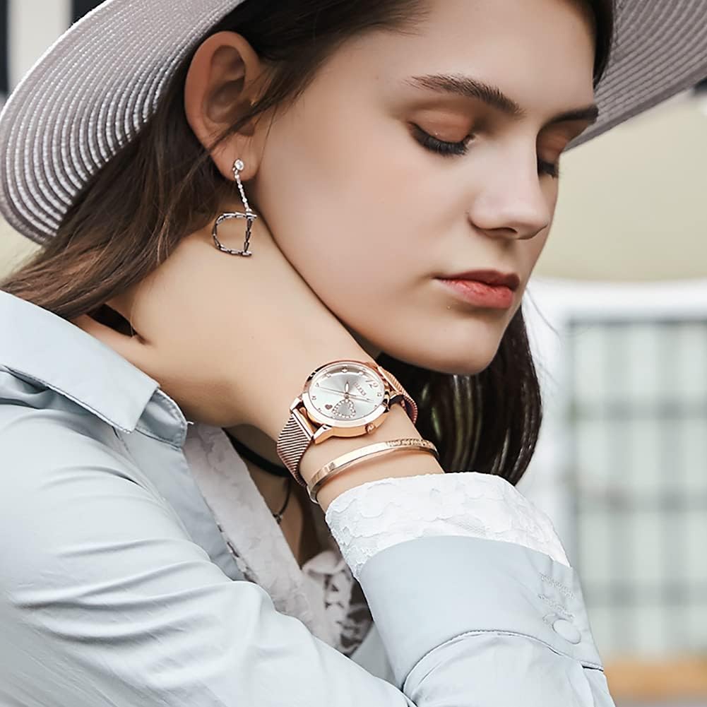 OLEVS Women's Rose Gold Watches, Small Wrist Lovely Bee Diamond Heart Roman Numerals Dial Ladies Watch, Fashion Mesh Bracelet Watches for Women, Japanese Quartz Movement - Image 3