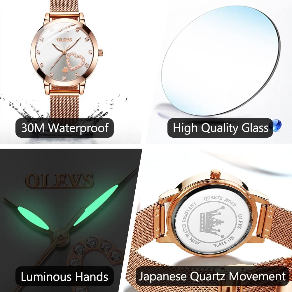 OLEVS Women's Rose Gold Watches, Small Wrist Lovely Bee Diamond Heart Roman Numerals Dial Ladies Watch, Fashion Mesh Bracelet Watches for Women, Japanese Quartz Movement - Image 5