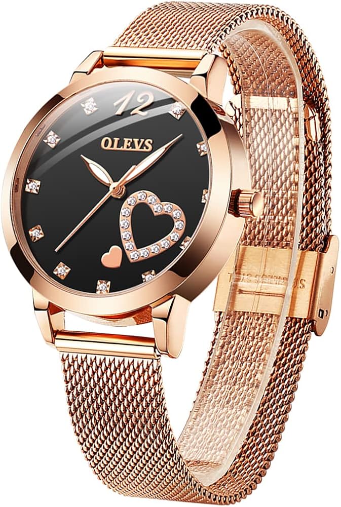 OLEVS Women's Rose Gold Watches, Small Wrist Lovely Bee Diamond Heart Roman Numerals Dial Ladies Watch, Fashion Mesh Bracelet Watches for Women, Japanese Quartz Movement - Image 7