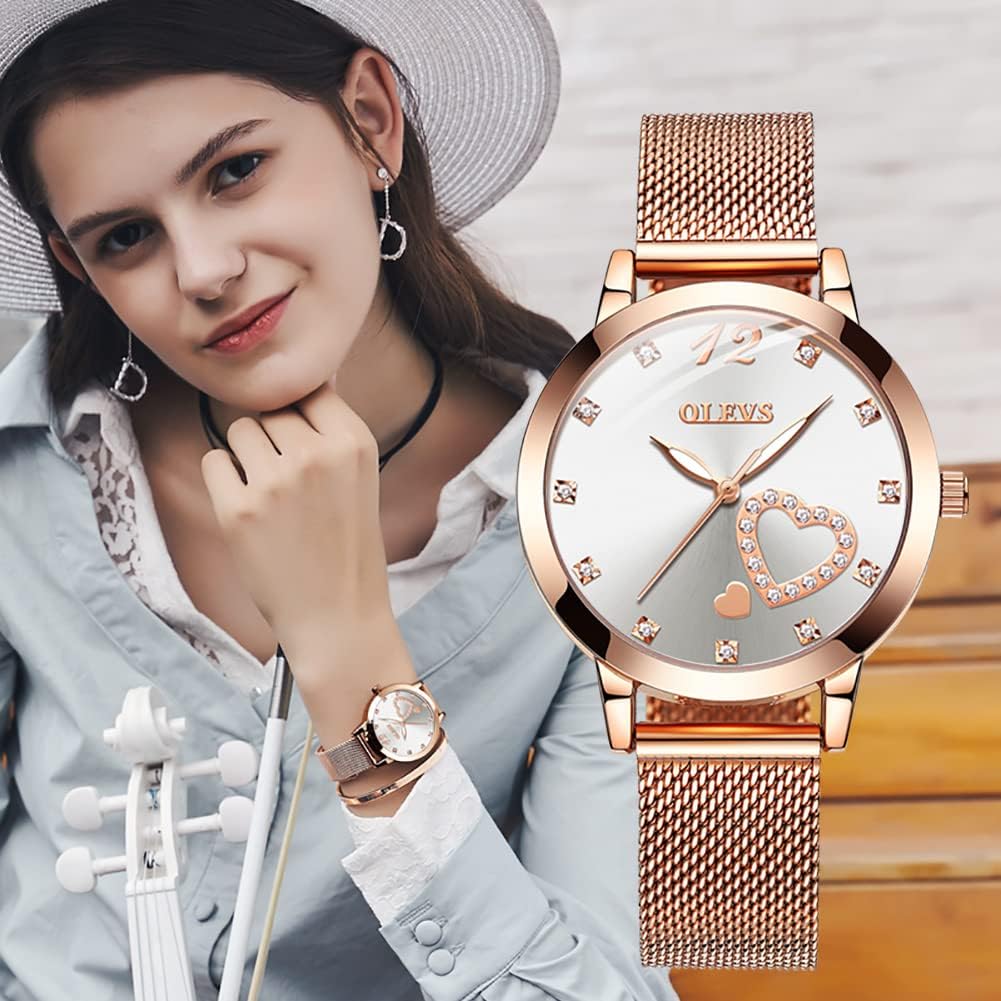 OLEVS Women's Rose Gold Watches, Small Wrist Lovely Bee Diamond Heart Roman Numerals Dial Ladies Watch, Fashion Mesh Bracelet Watches for Women, Japanese Quartz Movement - Image 4