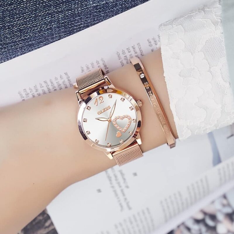 OLEVS Women's Rose Gold Watches, Small Wrist Lovely Bee Diamond Heart Roman Numerals Dial Ladies Watch, Fashion Mesh Bracelet Watches for Women, Japanese Quartz Movement - Image 2