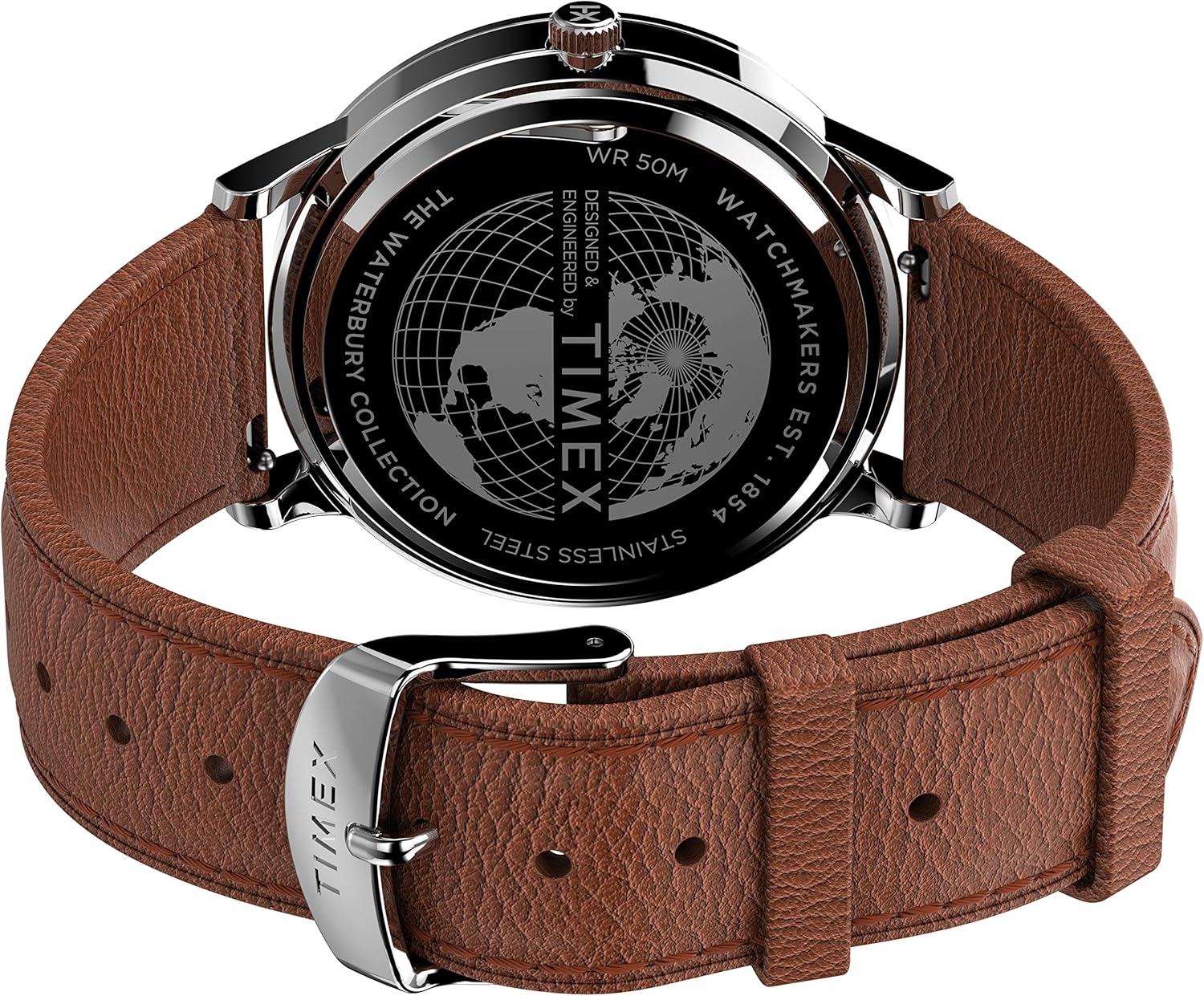 Timex Men's Waterbury Classic Day-Date 40mm Watch – Silver-Tone Case White Dial with Caramel Genuine Leather Strap - Image 4