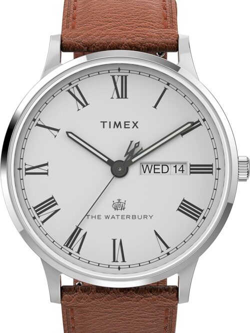 Timex Men's Waterbury Classic Day-Date 40mm Watch – Silver-Tone Case White Dial with Caramel Genuine Leather Strap