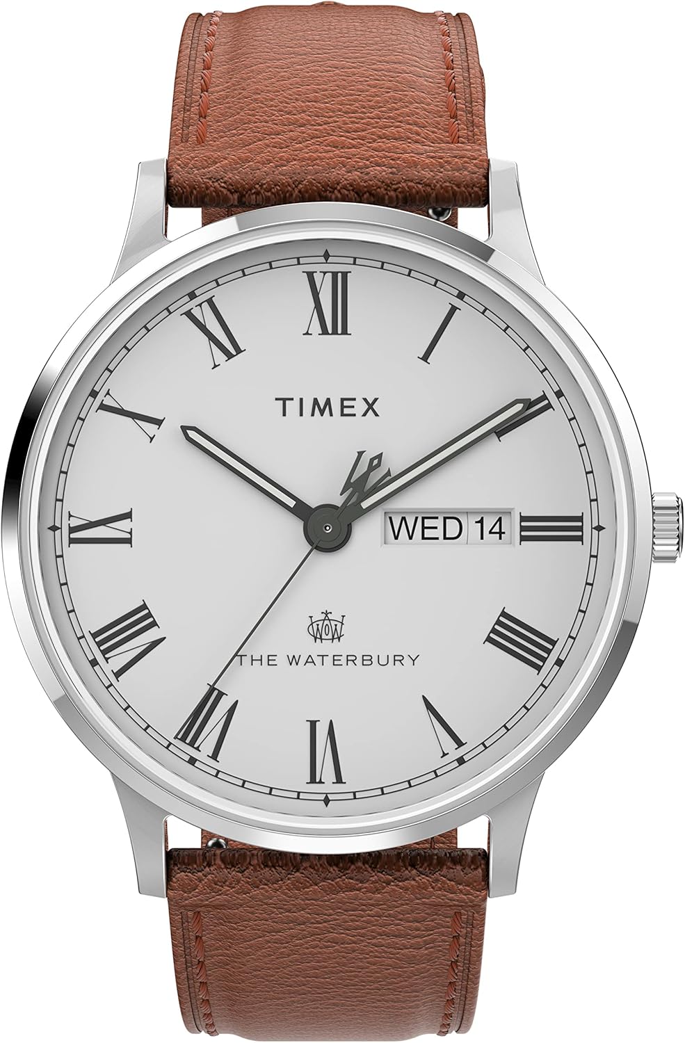 Timex Men's Waterbury Classic Day-Date 40mm Watch – Silver-Tone Case White Dial with Caramel Genuine Leather Strap