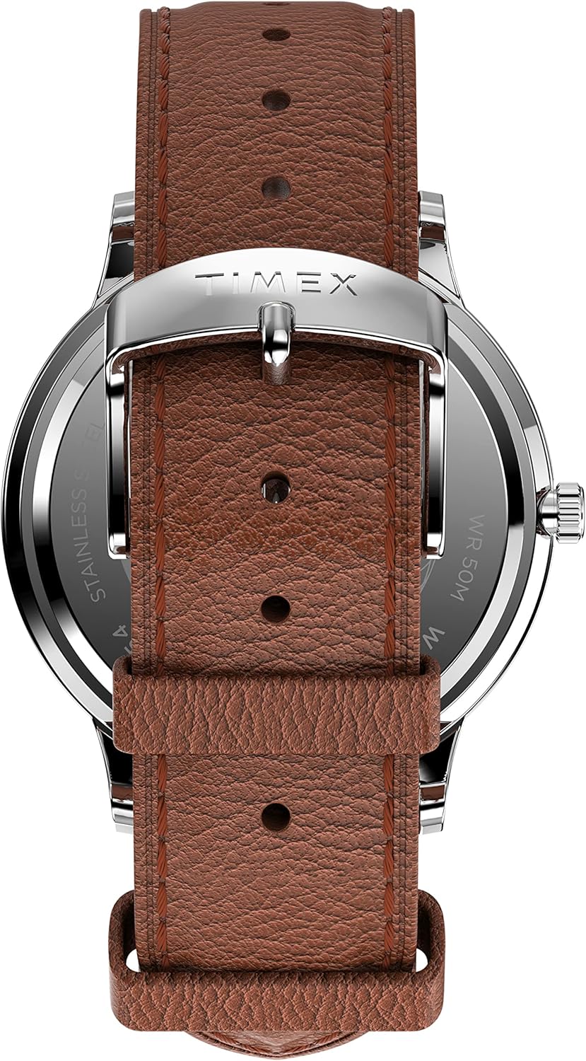 Timex Men's Waterbury Classic Day-Date 40mm Watch – Silver-Tone Case White Dial with Caramel Genuine Leather Strap - Image 3