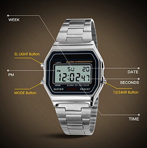 VIGOROSO Men Lady Vintage Retro Gold Stainless Steel Digital Casual Watch Alarm Stopwatch - Image 4
