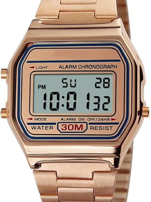 VIGOROSO Men Lady Vintage Retro Gold Stainless Steel Digital Casual Watch Alarm Stopwatch