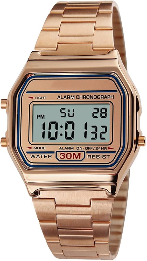 VIGOROSO Men Lady Vintage Retro Gold Stainless Steel Digital Casual Watch Alarm Stopwatch