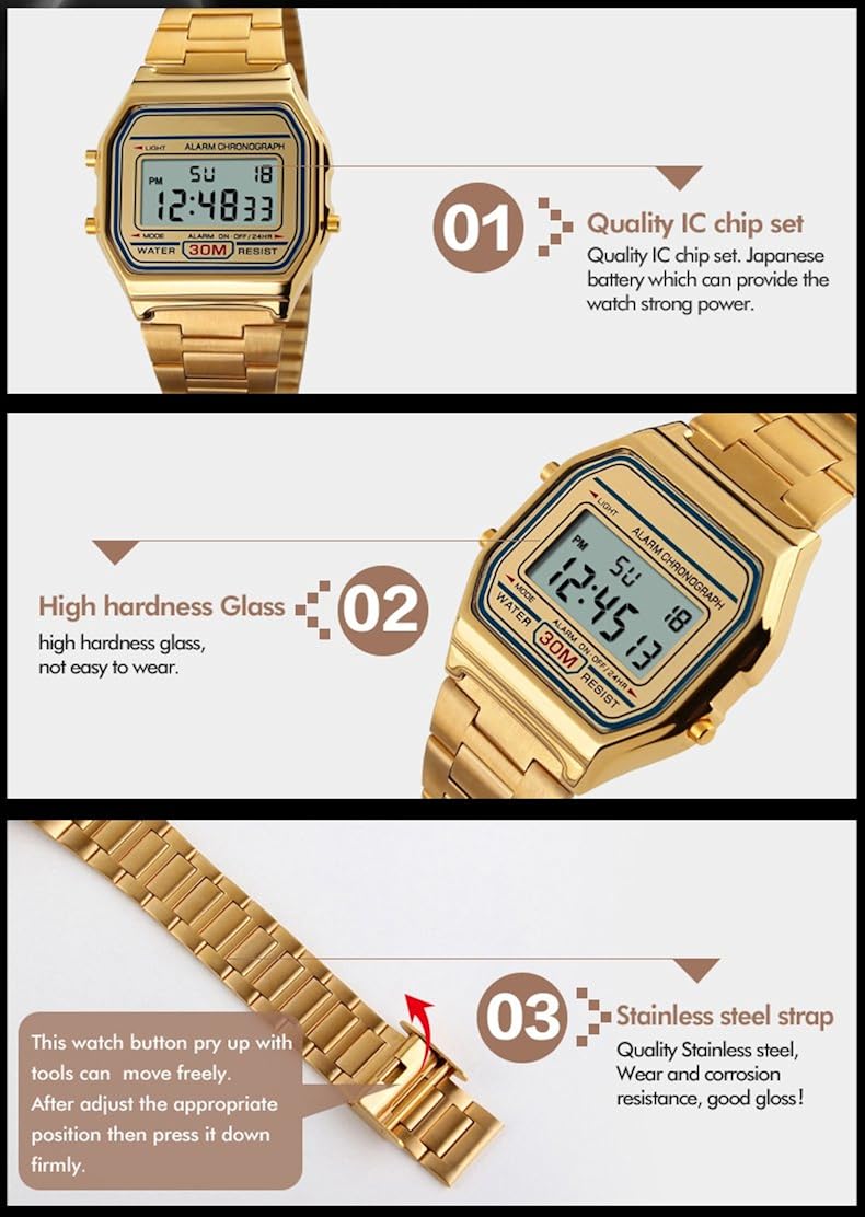 VIGOROSO Men Lady Vintage Retro Gold Stainless Steel Digital Casual Watch Alarm Stopwatch - Image 5