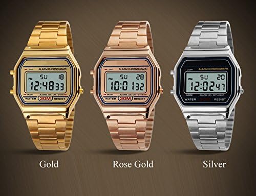VIGOROSO Men Lady Vintage Retro Gold Stainless Steel Digital Casual Watch Alarm Stopwatch - Image 3