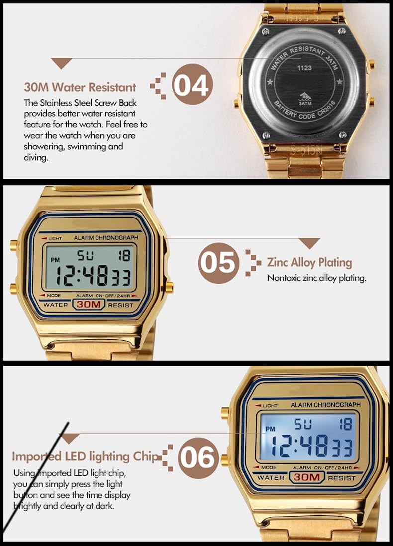 VIGOROSO Men Lady Vintage Retro Gold Stainless Steel Digital Casual Watch Alarm Stopwatch - Image 6