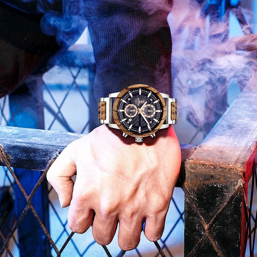 WASTIME Wooden Watch for Men Women, Stylish Chronograph Military Casual Calendar Wood Watches - Image 3